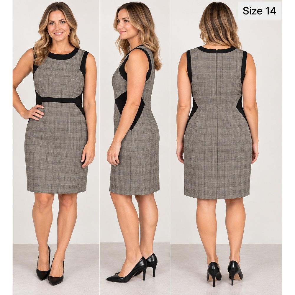 Vince Camuto Gray Glen Plaid Sleeveless Sheath Dress Black Side Panels Size 14
